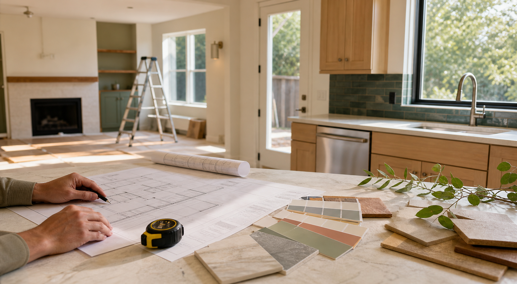 A clean home project planning scene with renovation plans and material samples