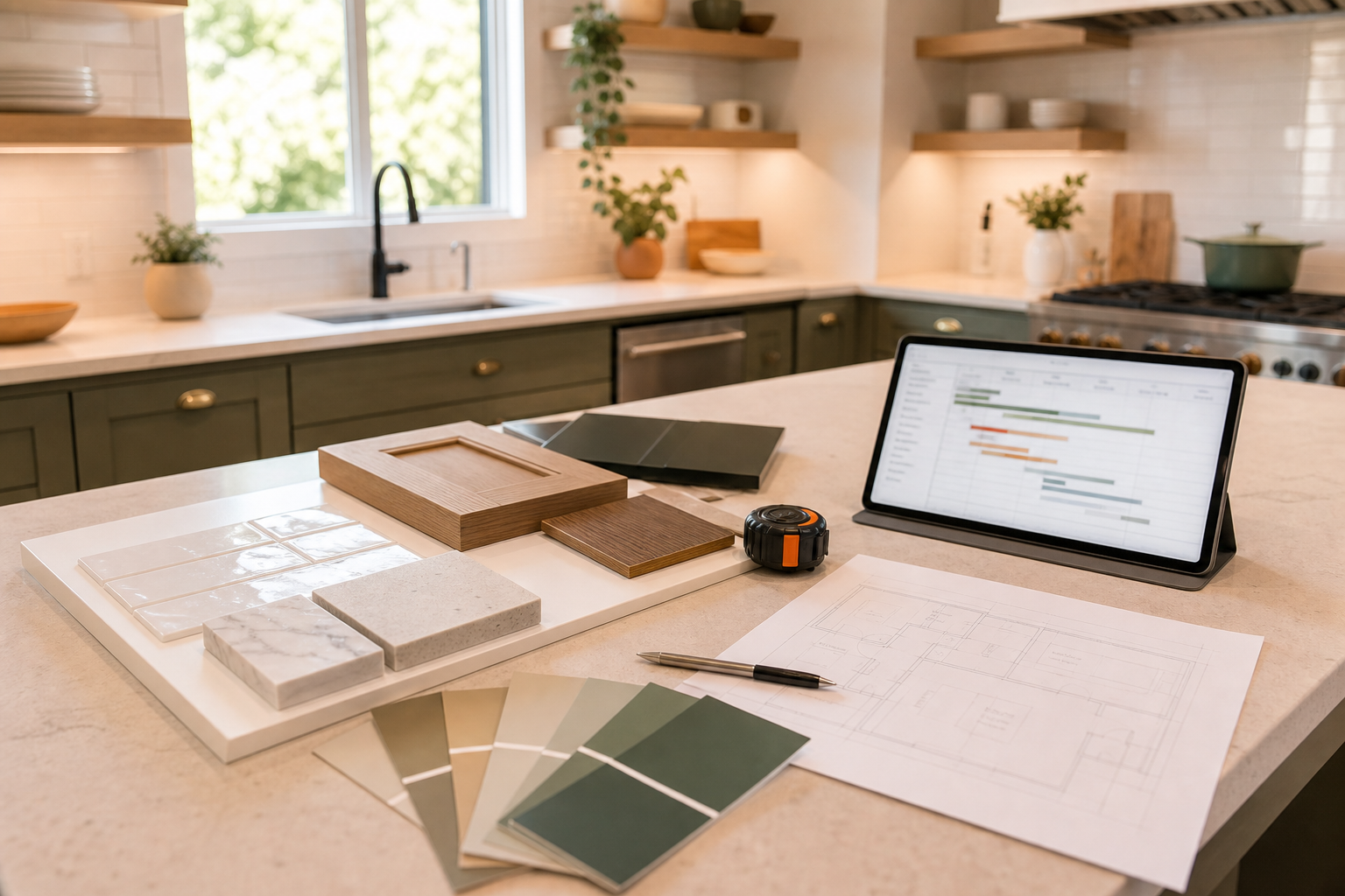 Tile samples, finish swatches, and project planning materials in a bright kitchen