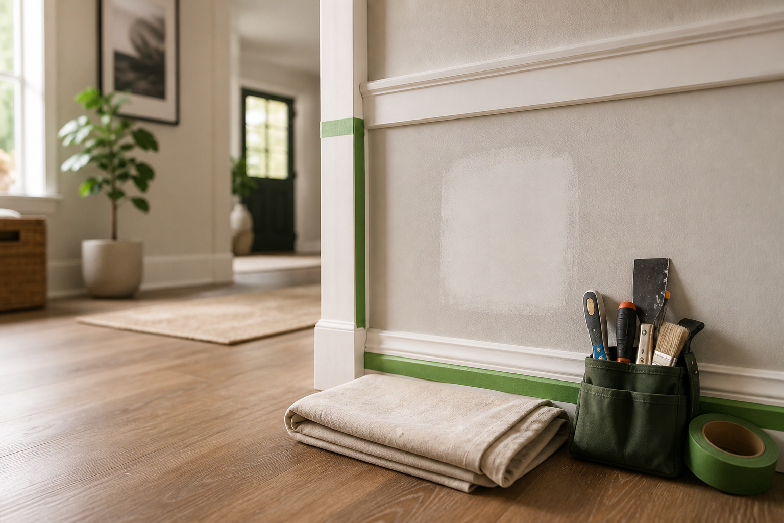 Organized punch-list repair materials in a clean residential hallway